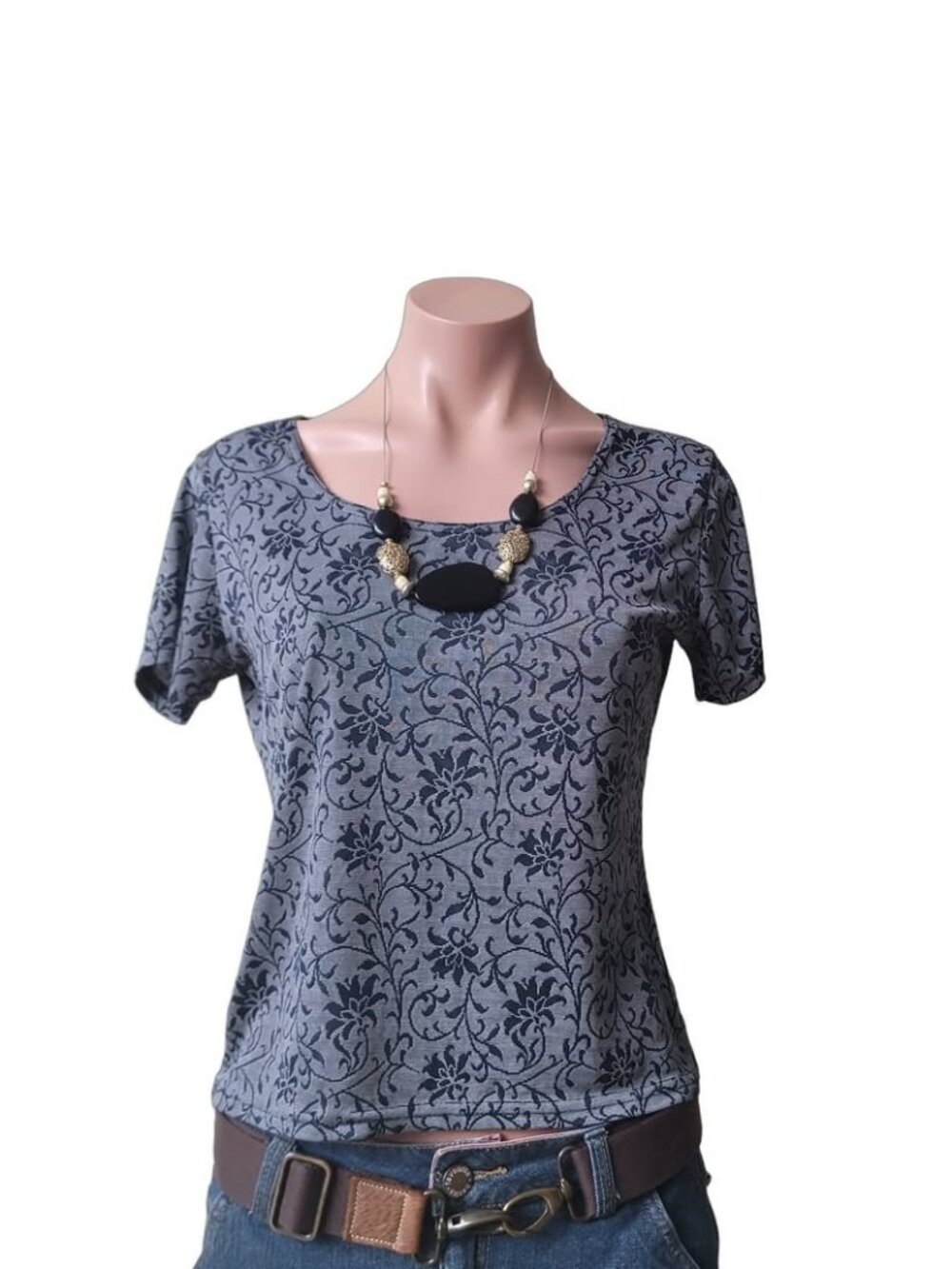 Navy Blue Floral Print Cropped Short Sleeve Top